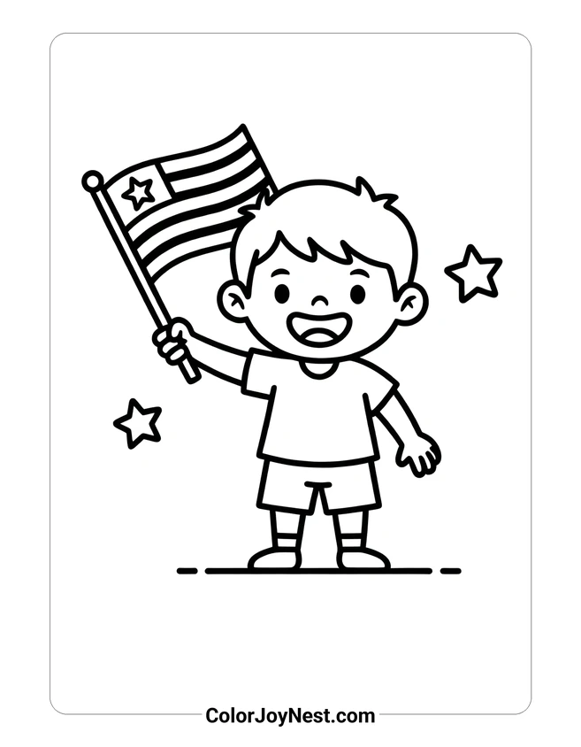 Child Holding American Flag Coloring Page