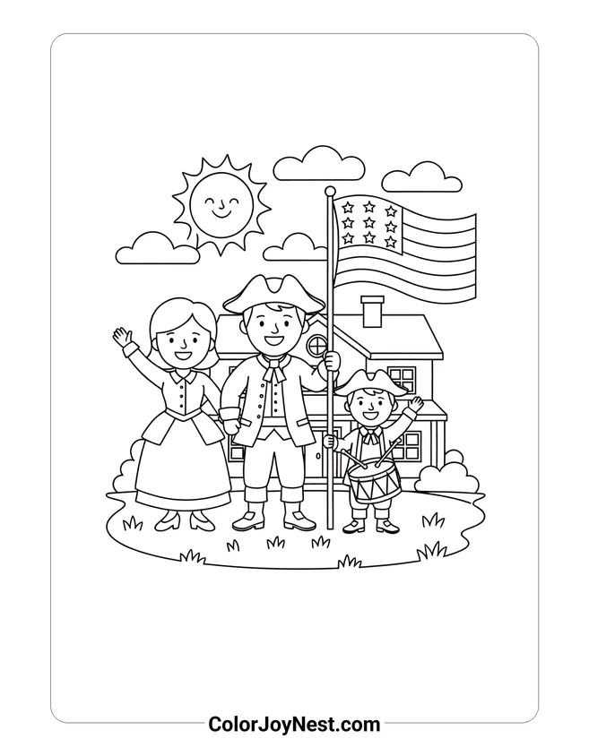 Colonial Family Celebrating Coloring Page