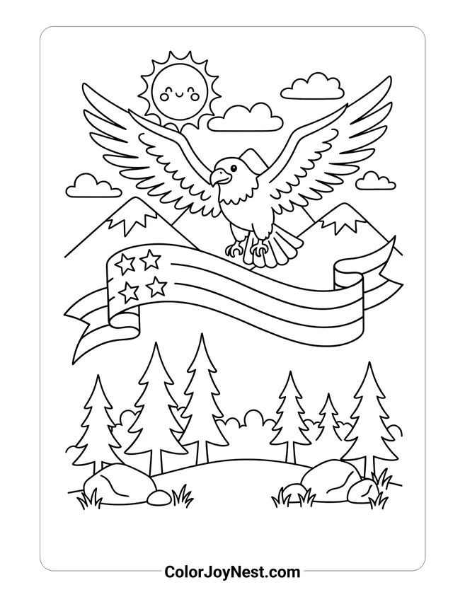Eagle Over Mountains Coloring Page