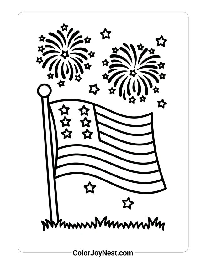 Flag and Fireworks Coloring Page