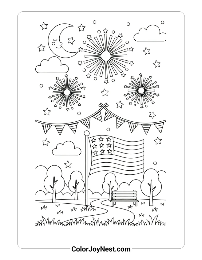 Fourth of July Fireworks Night Coloring Page
