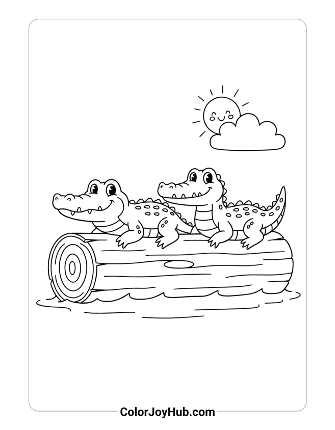 Easy Alligator and Crocodile on Log Coloring Page