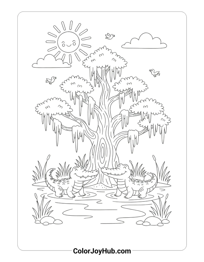 Medium Alligator and Crocodile Swamp Coloring Page