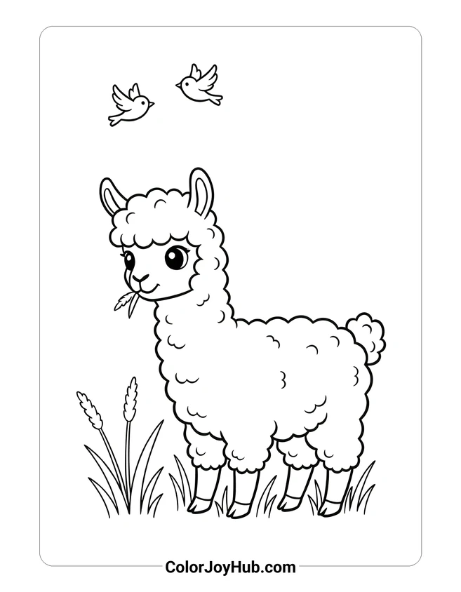 Easy Alpaca Eating Grass Coloring Page