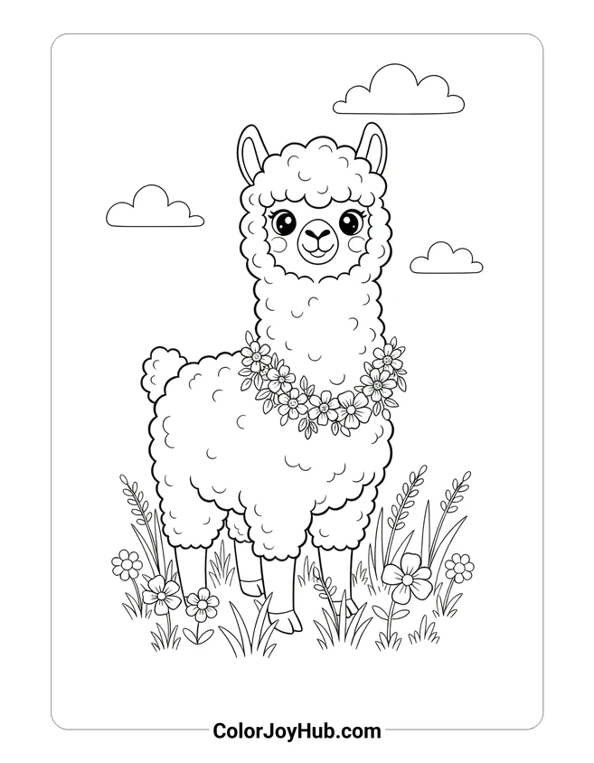 Easy Alpaca with Flowers Coloring Page