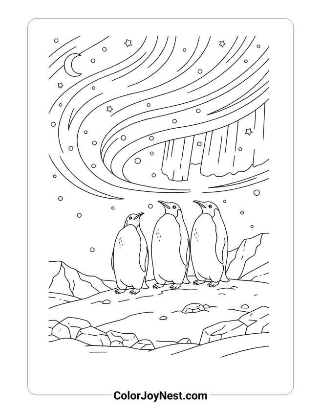 Aurora Australis Penguin Scene Coloring Page