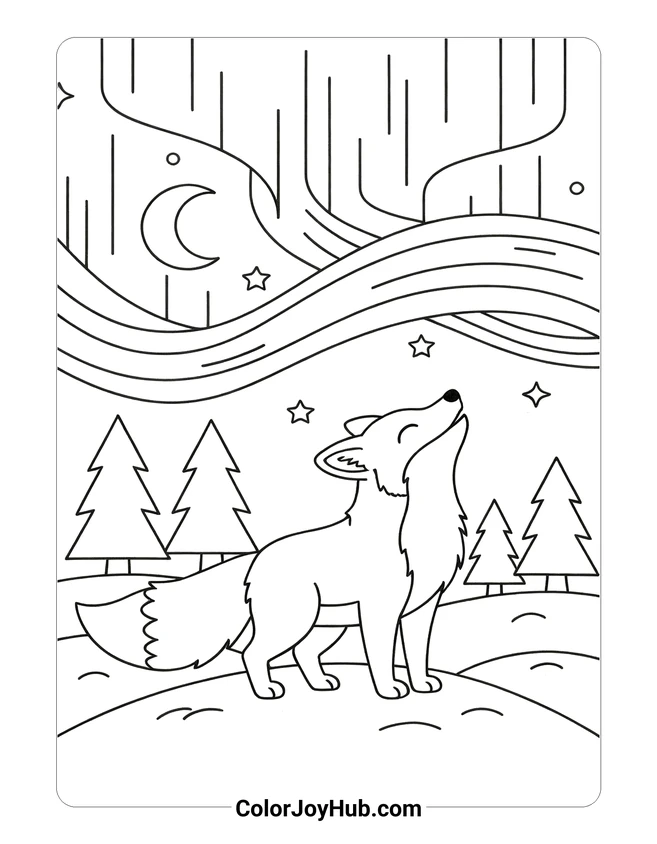 Fox Howling under Northern Lights Coloring Page