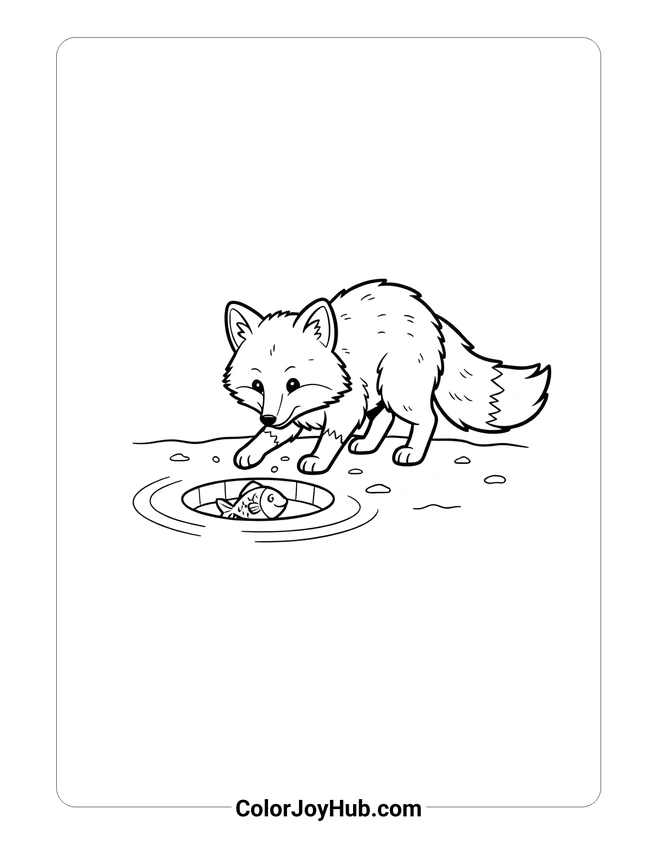 Fox Playing with Frozen Fish Coloring Page