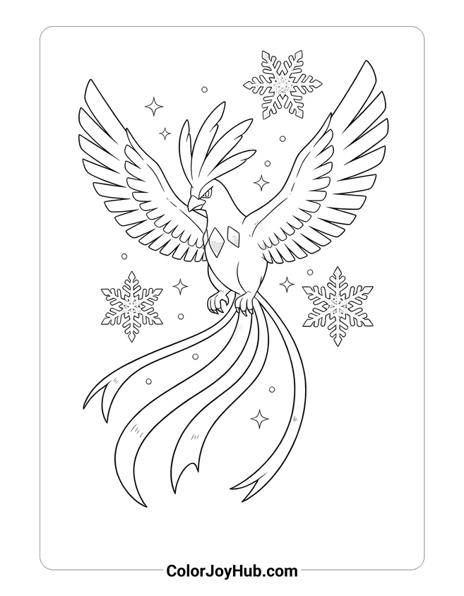Articuno Floating with Snowflakes Coloring Page
