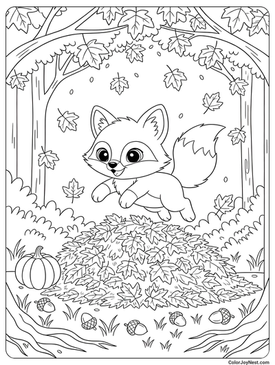 Baby Fox Autumn Pumpkin Adventure Coloring Page