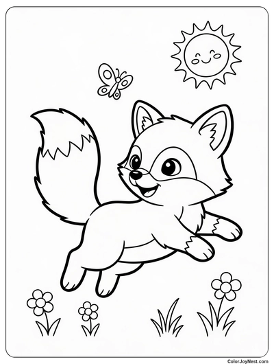 Baby Fox Chasing Butterfly Coloring Page