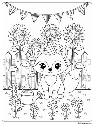 Baby Fox Garden Party Coloring Page