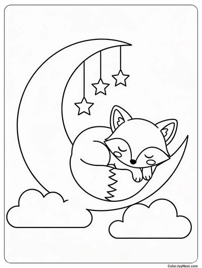 Baby Fox Sleeping on Moon Coloring Page