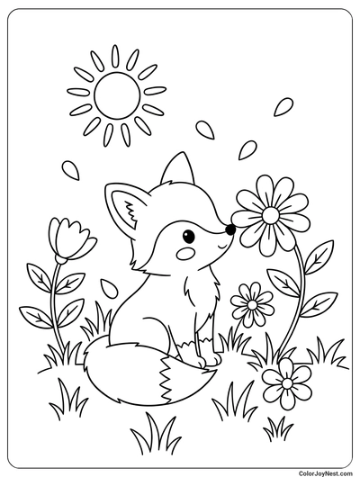 Baby Fox Smelling Flowers Coloring Page