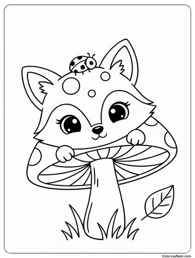 Baby Fox Under Giant Mushroom Coloring Page