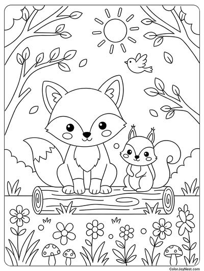 Baby Fox with Forest Friends Coloring Page