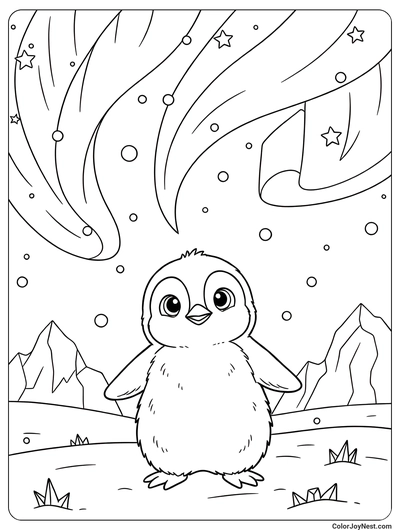 Baby Penguin Under Aurora Sky Coloring Page
