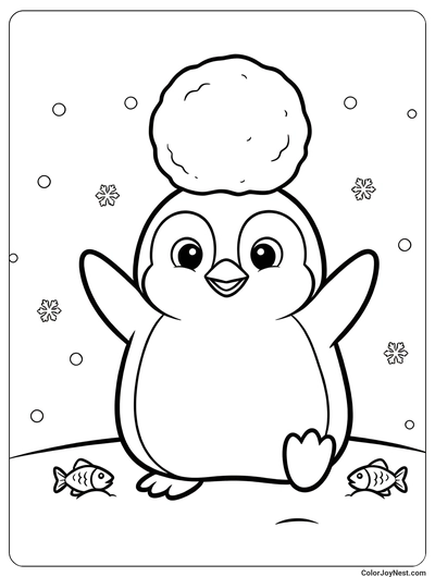 Baby Penguin Balancing Snowball Coloring Page