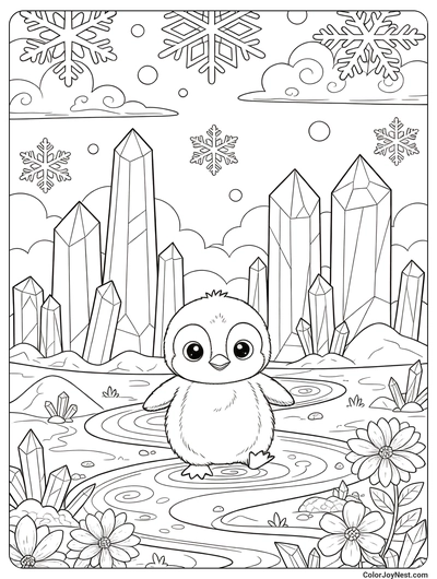 Baby Penguin Ice Crystal Garden Coloring Page