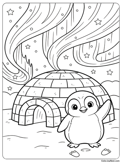 Baby Penguin Igloo Home Coloring Page