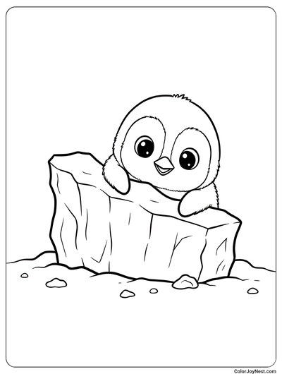 Baby Penguin Peeking Behind Ice Coloring Page