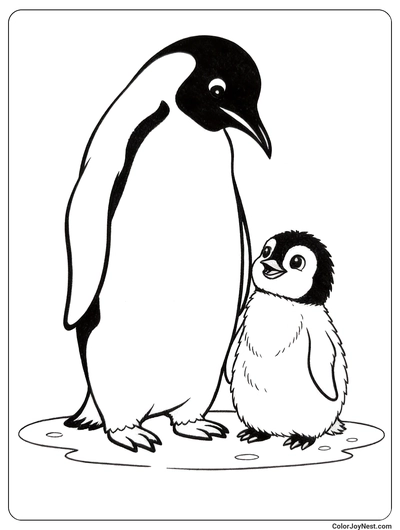 Baby Penguin with Parent Coloring Page