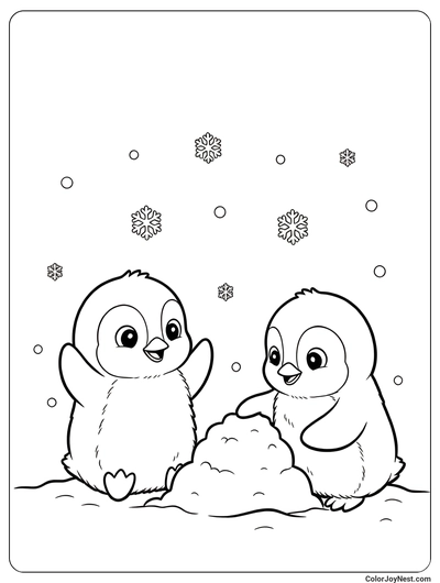 Two Baby Penguins Playing Coloring Page