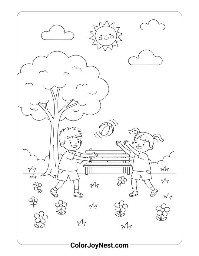 Kids Playing Ball at Park Coloring Page