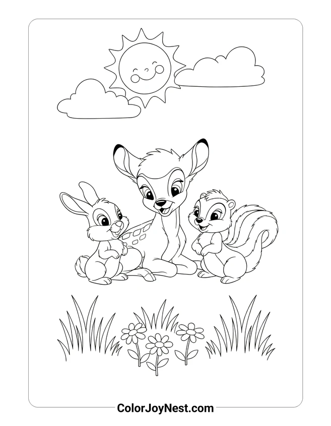 Bambi and Friends Resting Coloring Page