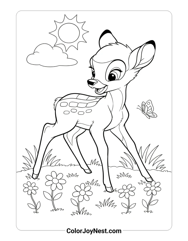 Bambi in Flower Meadow Coloring Page
