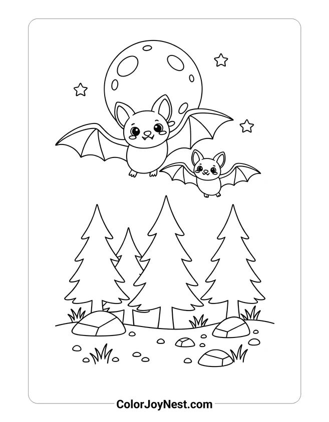 Bat Family Over Forest Coloring Page