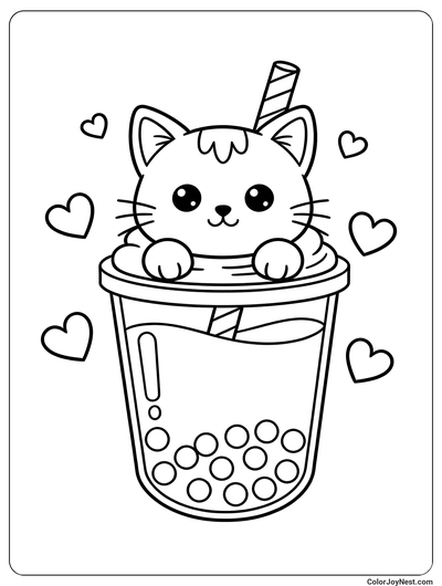 Cat in a Boba Cup Coloring Page