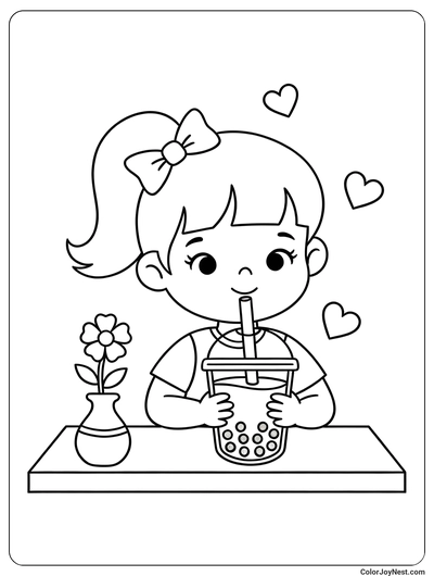 Happy Girl Enjoying Boba Coloring Page