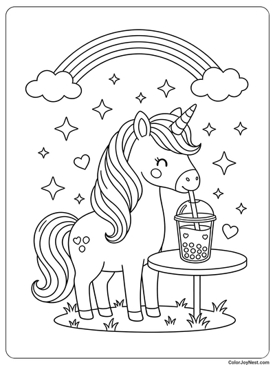 Magical Unicorn Drinking Boba Coloring Page