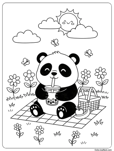Panda Boba Picnic Scene Coloring Page