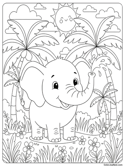 Happy Elephant Scene Coloring Page