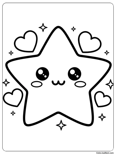 Kawaii Star with Hearts Coloring Page
