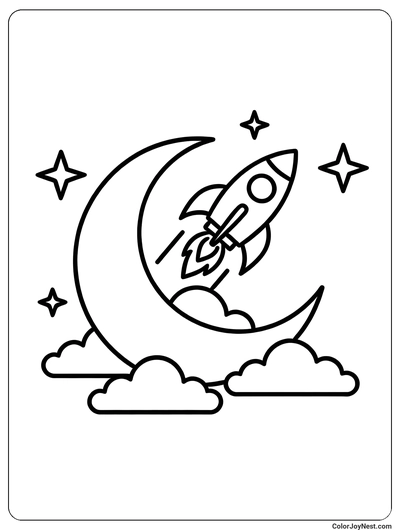 Rocket Over Moon Scene Coloring Page