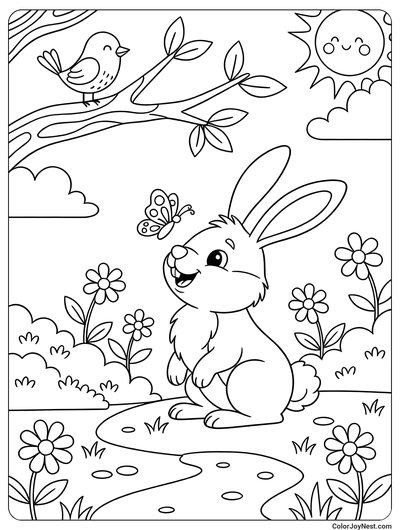 Bunny with Bird and Butterfly Friends Coloring Page