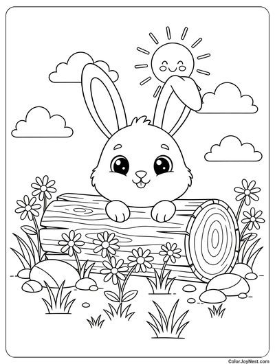 Bunny Peeking from Log Coloring Page