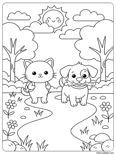Cat and Dog Adventure Scene Coloring Page
