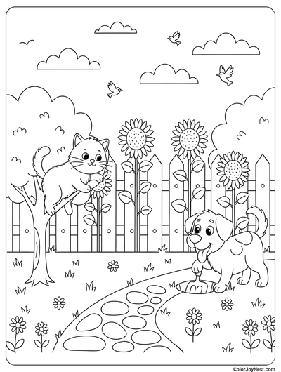 Cat and Dog Backyard Scene Coloring Page