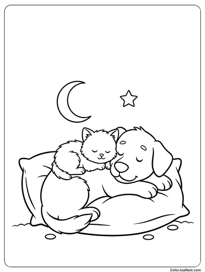 Cat and Dog Nap Time Coloring Page