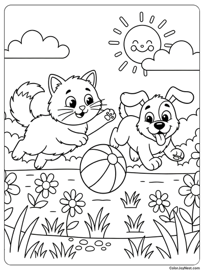 Cat and Dog Playing in Garden Coloring Page