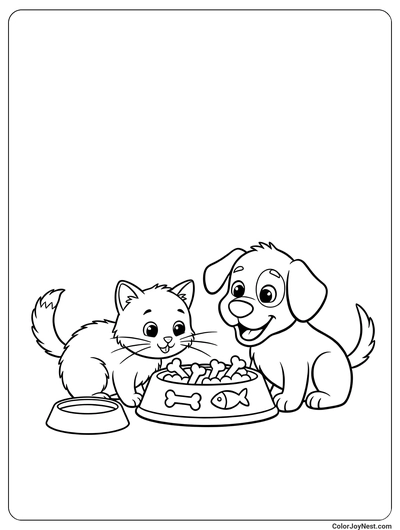 Cat and Dog Sharing Food Bowl Coloring Page
