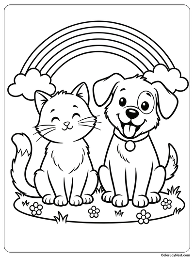 Cat and Dog Under Rainbow Coloring Page