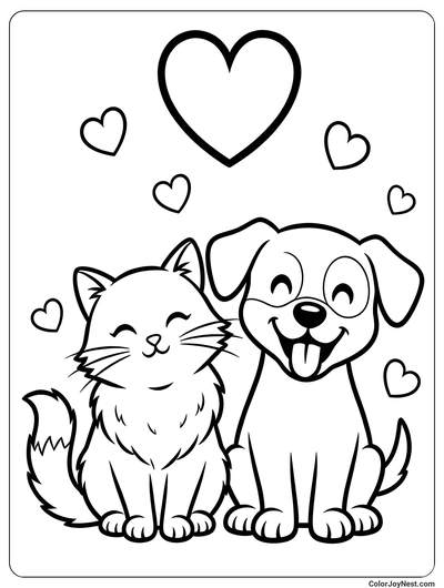 Cat and Dog with Hearts Coloring Page