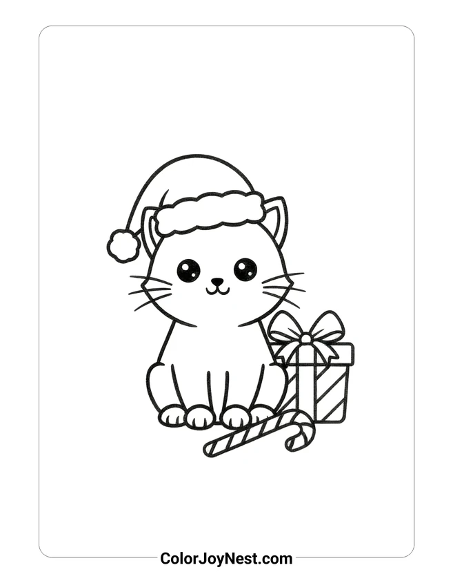 Christmas Cat with Gift Coloring Page