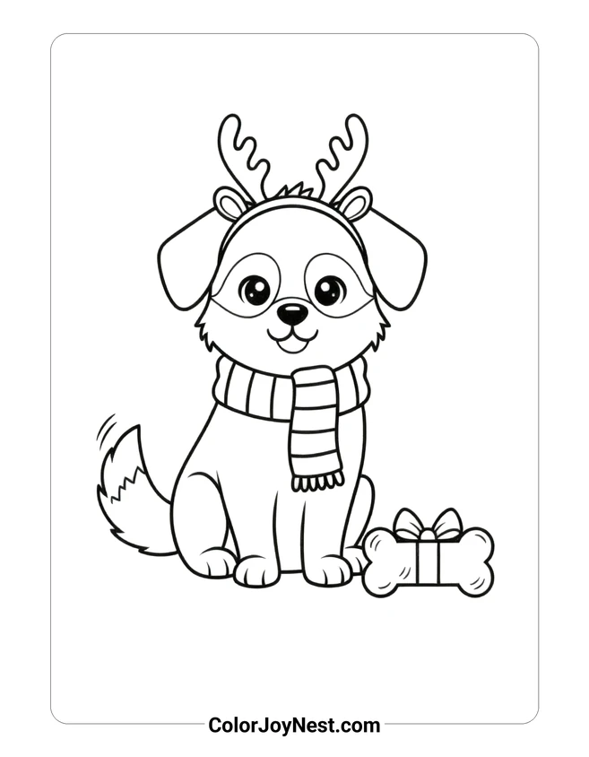 Christmas Dog with Antlers Coloring Page