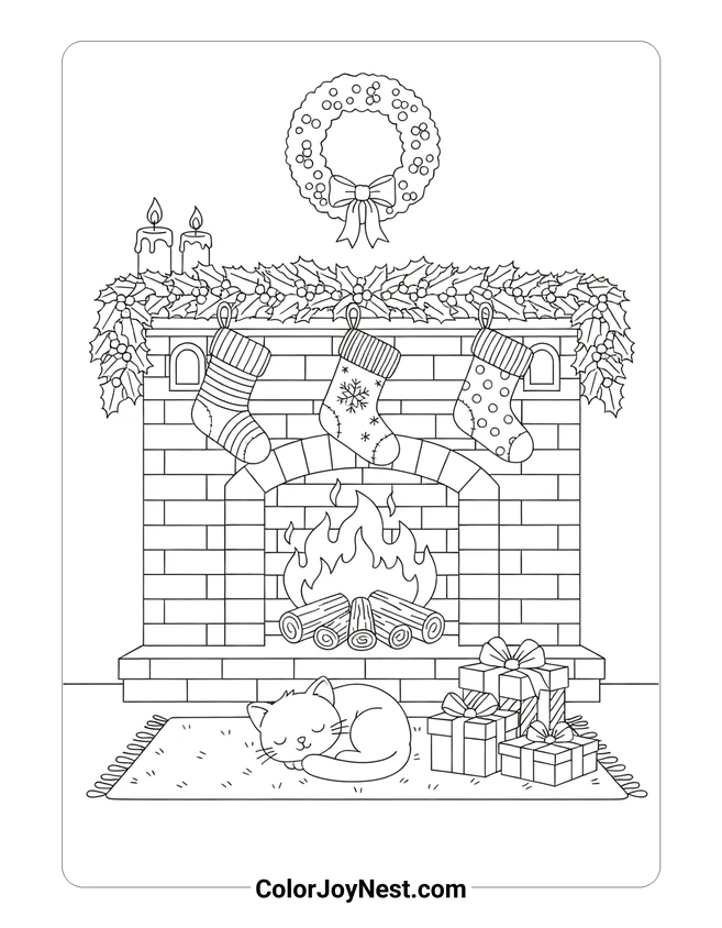 Cozy Christmas Fireplace Scene Coloring Page